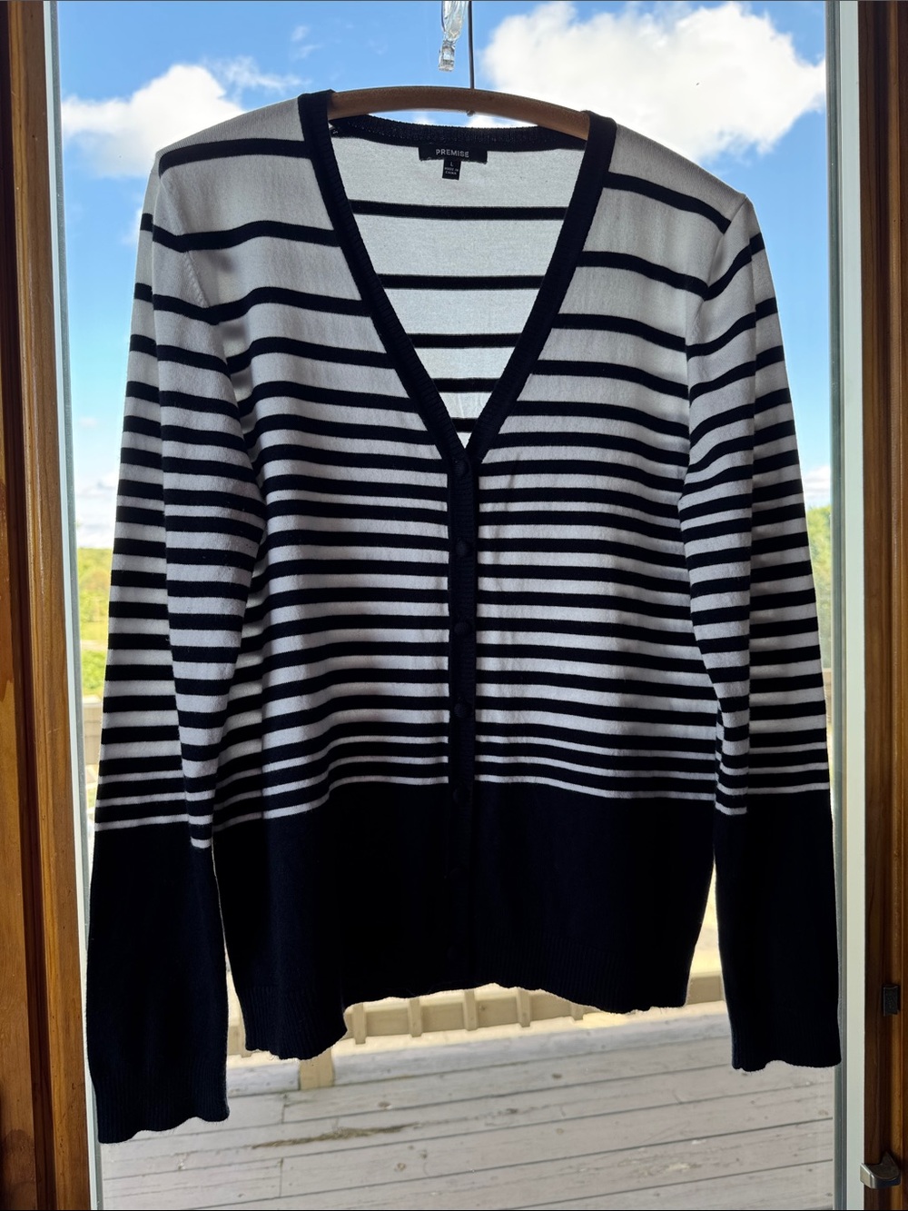 PREMISE Women’s knit Cardigan Black and White Striped Sweater